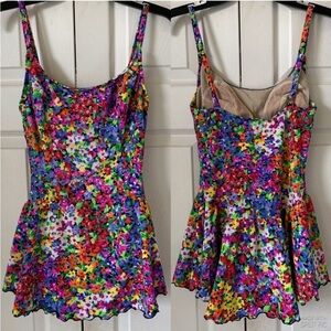 Cole of California multicolor neon floral one piece skirted bathing swim suit 16